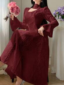 DAZY 女士纯色系带腰身长款雪纺优雅喇叭袖连衣裙，适合春、夏、秋季圣诞节穿着。 - 酒紅色 - 查看 5