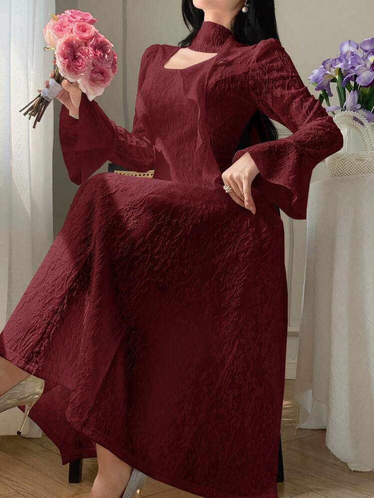 DAZY Robe longue en mousseline de soie à manches évasées élégante avec ceinture à la taille, couleur unie. Convient pour le printemps, l'été, l'automne et Noël - Rouge foncé - Voir 5