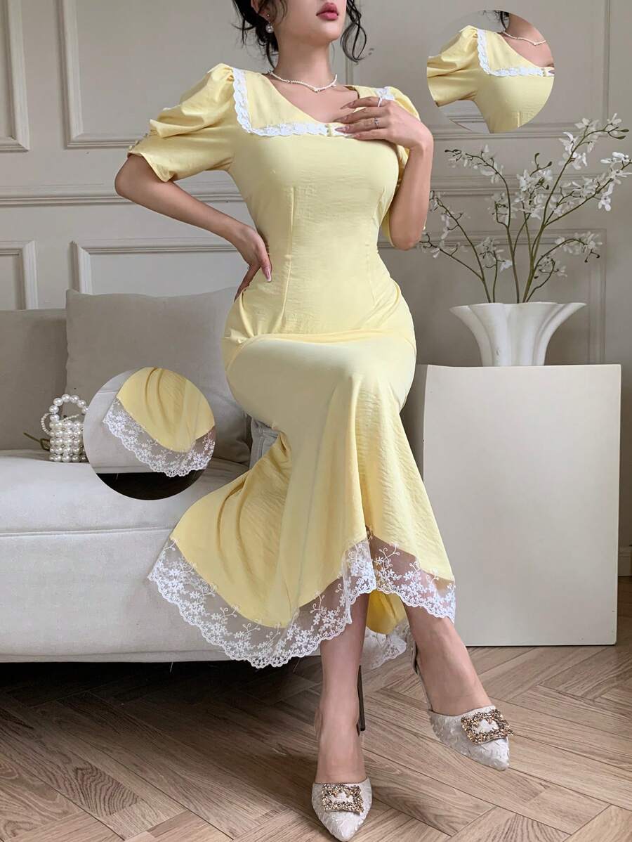 Modelyn 女式短款泡泡袖优雅复古法式束腰紧身迷你连衣裙 - 黃色 - 查看 1