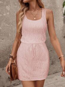 SHEIN LUNE Váy ngắn không tay vải họa tiết màu trắng mùa xuân có dây rút ở eo dành cho nữ - Hồng - Xem 4