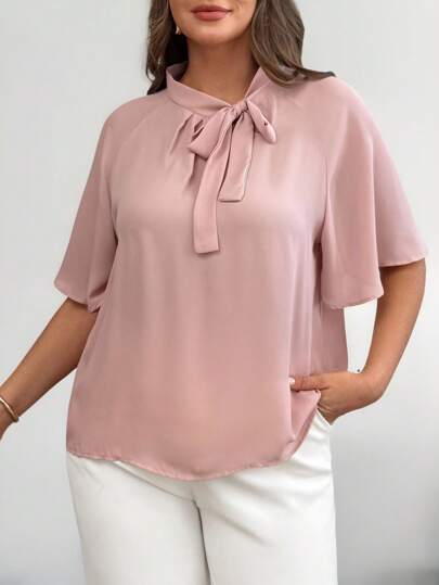 SHEIN Privé 夏季大碼純色綁帶領流蘇長袖優雅襯衫