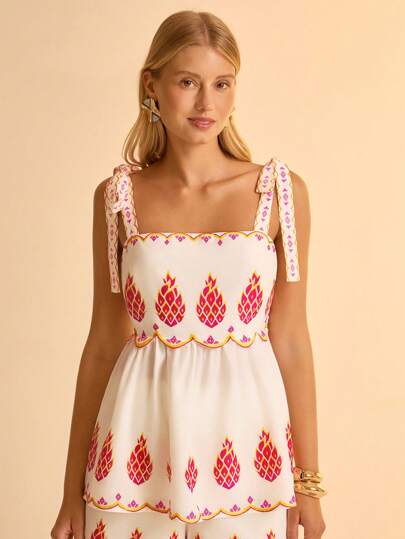 CAJUNI Blusa holgada de gasa con estampado floral y teñido anudado, con bajo ondulado y tirantes de hombros anudados, diseño casual para playa y vacaciones de verano