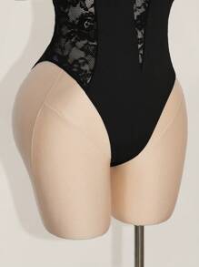 SHEIN ICON Plus Size Y2K Carnival Outfit Lace Patchwork Cropped Camisole Tank Top, High Waist Backless Bodysuit For Women, Spring - Black - View 5