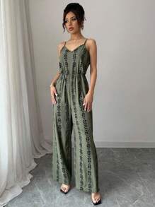 Elenzga Bộ đồ liền thân in họa tiết tối giản dành cho nữ - xanh quân đội - Xem 5