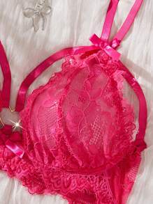 SHEIN Set de lenjerie intimă sexy cu 2 bucăți, model gene inimă, fără armatură, push-up - Roz fierbinte - Vizualizare 5