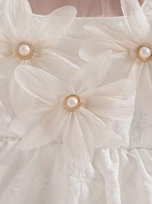 فستان أميرة ذو كتف واحد وأكمام منتفخة مزخرف بالزهور للبنات، ملابس أناقة وارتداء كاجوال لحفلات الأعياد وحفلات الأداء