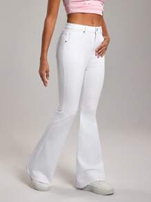 SHEIN Tall Women's Casual Versatile Solid Color Fitted White Flare Jeans - White - View 5