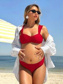 SHEIN Conjunto de bikini fruncido para mujeres embarazadas para vacaciones en la playa - Rojo - Ver 4