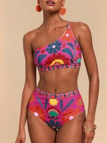 Travachic Conjunto de bikini floral sexy de un hombro para mujeres en la playa de verano