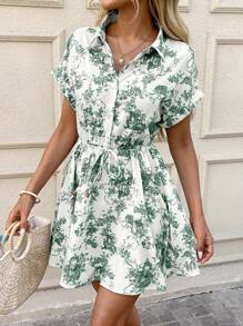 SHEIN LUNE Vestido corto de línea A con escote medio abierto, manga corta y cintura elástica con estampado azul y blanco, adecuado para primavera/verano, uso casual y oficina - Verde - Ver 3