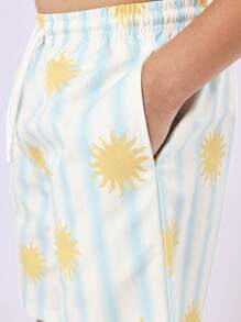 SUMWON 1 pezzo Pantaloncini da bagno estivi a righe, shorts da spiaggia, costumi da bagno, vita elastica, abbigliamento da spiaggia, stampa a tema solare