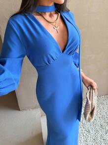 CLARA VERO Women Solid Color Long Sleeve With Shawl Detailed Dress - Blue - View 3