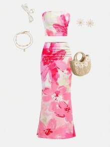 Girlism Conjunto de 2 piezas para adolescentes, top tubo ajustado con estampado tropical y vestido largo maxi