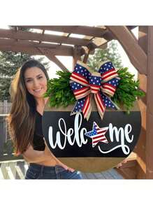SHEIN 1pc Farmhouse Style Wood Plastic Welcome Door Sign, July 4th Front Door Sign Patriotic Welcome Hanging Decoration, Independence Day Decoration, Outdoor Garden Front Door Sign Hanging, Suitable For Home, Office, Bedroom, Kitchen, Dining Room, Bar Decoration, Room Decor, Home Decor, 30cm/11.81in