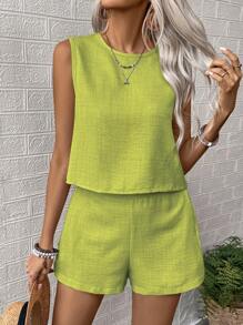 EMERY ROSE 2pcs Women's Summer Solid Color Round Neck Sleeveless Top And Shorts Casual Suit - Green - View 5