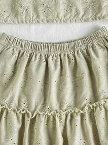 SHEIN Tween Girls Summer Casual Solid Color Hollow-Out Embroidered Shirt And Mini Skirt 2-Piece Set