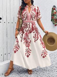 SHEIN Clasi Plus Size Stand Collar Print Waist Gathered Tiered Swing Dress, Casual Holiday Going Out Maxi - Multicolor - View 6
