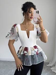 Selianne Women's Summer Floral Embroidered Mesh Puff Sleeve Fashionable Blouse - Multicolor - View 6