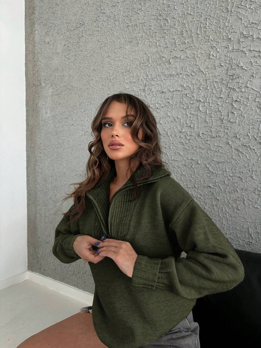 EURMUSE Half Zip Drop Shoulder Oversized Sweater - Khaki - View 1