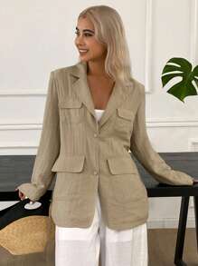Livesso Women's Summer Slim-Fit Blazer Jacket, Multiple Pockets, Loose Fit, Fall Clothes, Back To School Clothes Business Attire - Beige - View 4