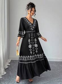 Elenzga 大码女式定位花卉印花长裙波西米亚风海滩长裙