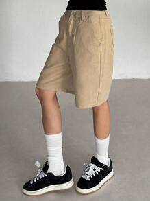 Livesso 女式猫须做旧直筒 5 英寸牛仔短裤，返校服装 - 卡其色 - 查看 5