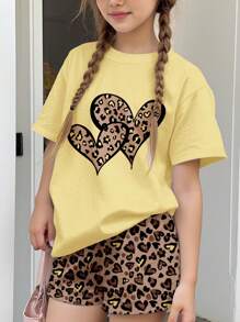 SHEIN Tween-Mädchen 2-teiliges Set aus lässigem, schlichtem Kurzarm-Oberteil und Shorts, geeignet für den Sommer