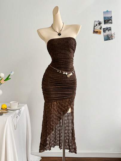 Soleia 度假象牙色褶饰低腰不对称下摆连衣裙，适合海滩、夏季、波西米亚风、度假、钩针编织、亚麻、纹理