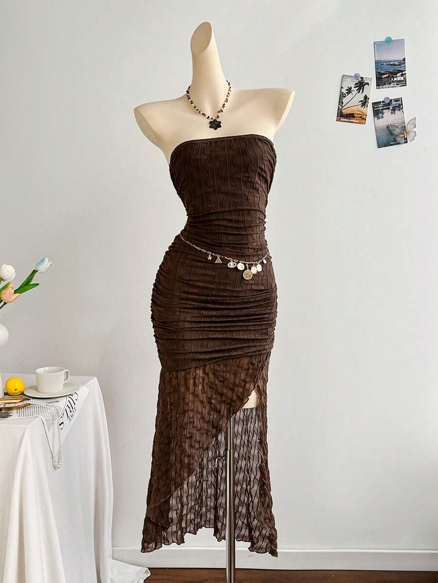 Soleia 度假象牙色褶饰低腰不对称下摆连衣裙，适合海滩、夏季、波西米亚风、度假、钩针编织、亚麻、纹理 - 米色 - 查看 1