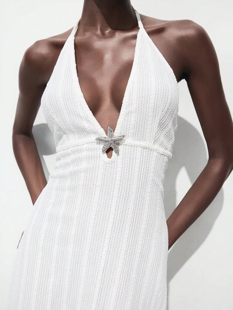 Maija Women's Sexy Deep V Neck Long Dress With Starfish Decor - White - View 1