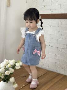 SHEIN Baby Girl Cute Pink Ribbon Bow Denim Dress,Spring And Summer Casual Vacation Country Boho Wear