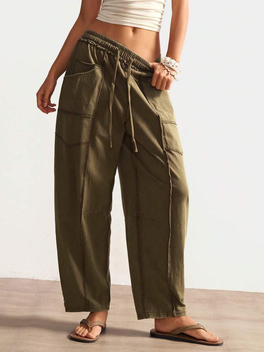 Bohemela Boho Casual Solid Color Knitted Low Waist Loose Washed Straight Leg Pants For Women Loose Pants Oversized Pants Women Pants For Summer Khaki Pants Paperbag Waist Pants