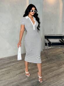 SHEIN SXY Women's Summer Casual Elegant Business Commuting Style Black & White Striped Polo Shirt Dress, Knit Stretchy Fitted Midi Dress, French Chic Dress Black And White Striped Dress Stripe Midi Dress Bodycon Midi Dress Striped Bodycon Dress Womens Summer Dress Collared Striped Dress