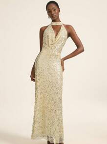 Aveloria Rosie 优雅奢华亮片装饰露背垂坠领无袖紧身长裙，性感别致女士正式派对礼服