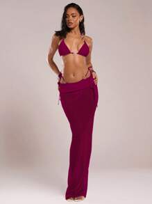 SHEIN BAE 女士三件套泳衣套装：金属银环装饰吊带软杯低腰荷叶边长裙