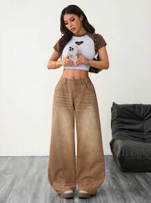 SHEIN PETITE 西式风格卡其牛仔裤低腰直筒裤 Y2K 街头风格棕色裤子女士牛仔裤