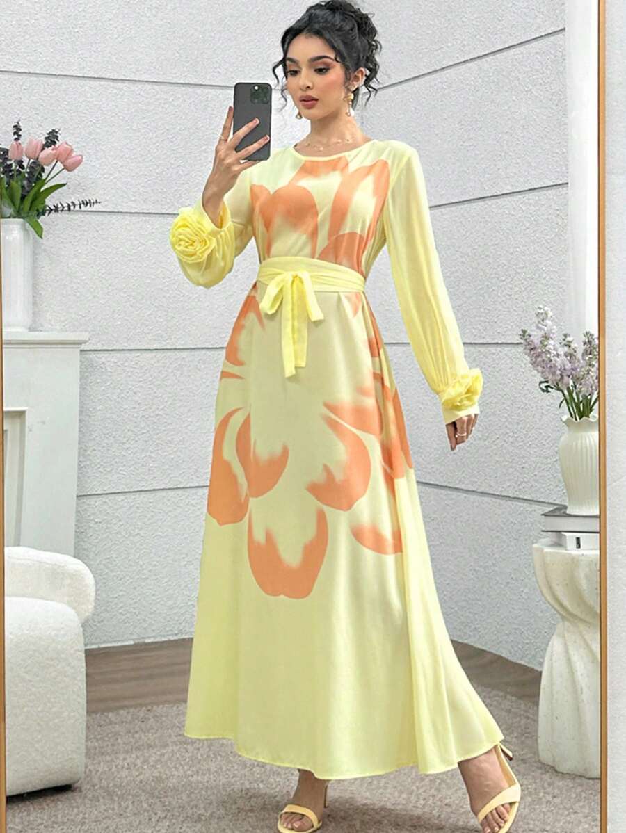 Modelyn 阿拉伯风喇叭裙,前后花卉印花,法式袖,春夏 - 黃色 - 查看 1