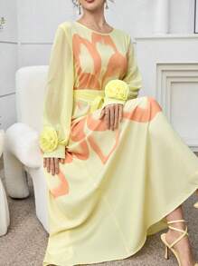 Modelyn 阿拉伯风喇叭裙，前后花卉印花，法式袖，春夏 - 黃色 - 查看 2