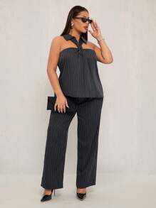 SHEIN SXY Plus Size Women's Sleeveless Black Striped Casual Blouse,Black And White,Summer,Elegant,Night Out Club Office Siren Retro Chic Flatter The Figure - Multicolor - View 4