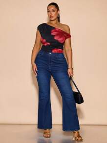 SHEIN BAE Nouveau T-shirt moulant en tricot texturé à encolure asymétrique froncée pour femmes grandes tailles, idéal pour les vacances d'été à la plage. Hauts à motif marguerite, hauts mignons, hauts d'été mignons, tenues bohèmes, tenues de vacances, tenues d'été - Noir - Voir 4