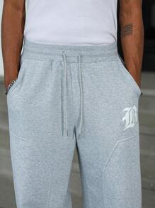 Manfinity Hypemode Men's Casual Versatile Letter Printed Drawstring Waist Sweatpants, Gym Sweatpants, Summer - Light Grey - View 3