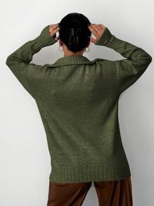 EURMUSE Half Zip Drop Shoulder Oversized Sweater - Khaki - View 2