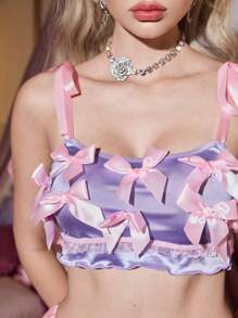 2 件性感无线文胸和丁字裤缎面多层蛋糕蝴蝶结系带女士内衣套装，浅紫色和粉色 - 淡紫色 - 查看 4