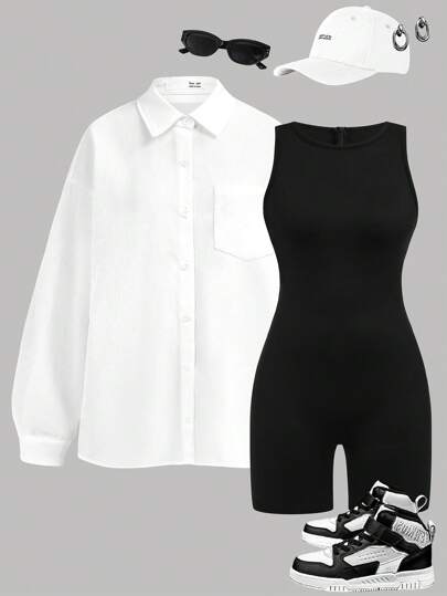 SHEIN Girlism Black Solid Color Sleeveless Tight Fitting Romper For Teen Girls, Can Be Paired With White Shirt For Outdoor, Casual, And Home Wear