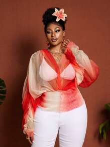 Maweii 加大码女款加大码不对称剪裁、渐变印花、数码印花、蝙蝠袖束腰衬衫