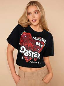 FRIENDS X SHEIN kmintern Camiseta casual de mujer de verano con cuello redondo, manga corta y estampado de letra y corazón
