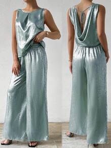 Chiquease Conjunto de dos piezas de pantalones largos de color metálico de moda para damas, para fiestas de Año Nuevo y celebraciones - Azul - Ver 1