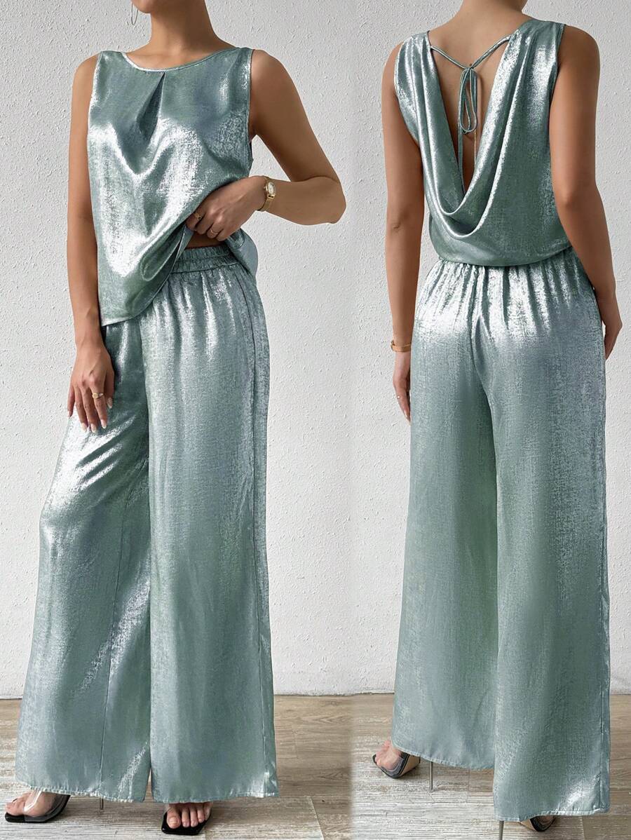 Chiquease Conjunto de dos piezas de pantalones largos de color metálico de moda para damas, para fiestas de Año Nuevo y celebraciones - Azul - Ver 1