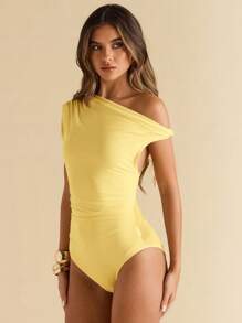 SHEIN BAE 1pc Women's Summer Casual Solid Color Asymmetrical Neck Bodysuit - Yellow - View 7