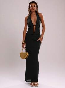 SHEIN BAE Conjunto sexy de 2 piezas con top sin espalda de cuello en V profundo y falda con bajo asimétrico para mujer - Negro - Ver 1